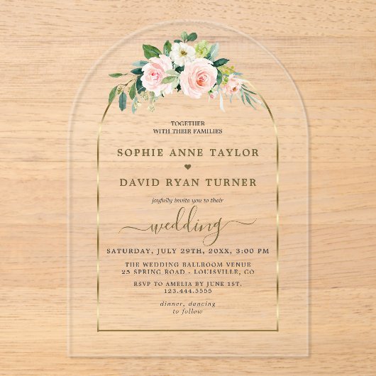 Waterverf Roze Witte Bloemen Gouden Boog Bruiloft Acryl Uitnodigingen (Voorkant)