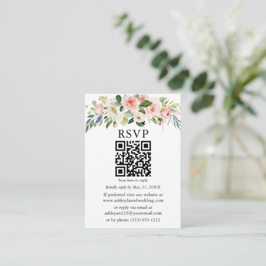Waterverf roze witte Floral bruiloft QR RSVP Informatiekaartje (Staand voorkant)
