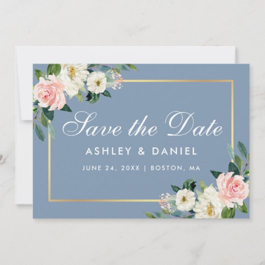 Waterverf Roze witte kleur Stustblauw Save The Date (Voorkant)