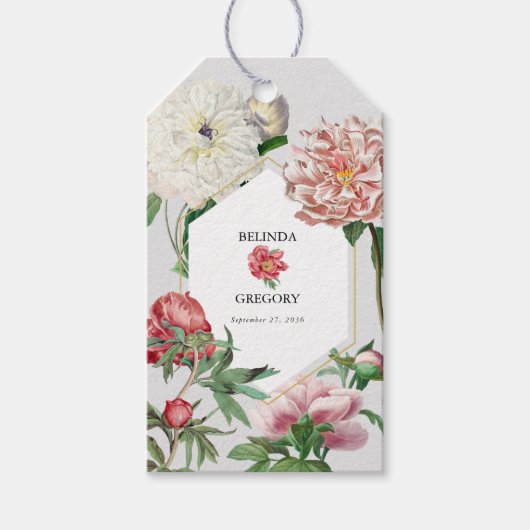 Waterverf Roze Witte Pioen Bloemen Bruiloft Cadeaulabel (Voorkant)
