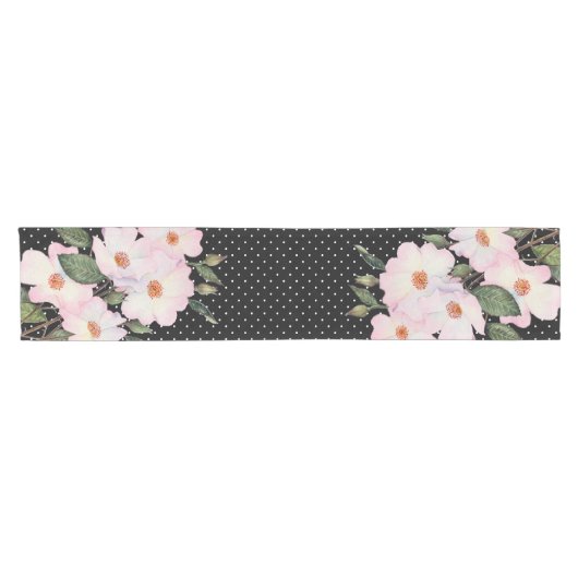 Waterverf roze witte rozen zwarte witte pooldots korte tafelloper (Horizontaal)