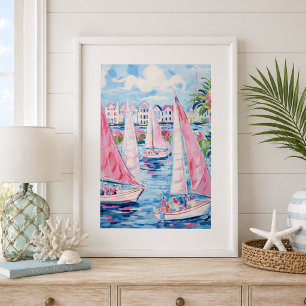 Waterverf Roze Zeilboten Tropische Kuststrook Poster