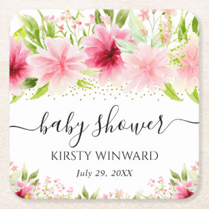 Waterverf Roze Zomer Bloemen Baby Shower Vierkante Kartonnen Onderzetter