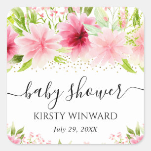 Waterverf Roze Zomer Bloemen Baby Shower Vierkante Sticker