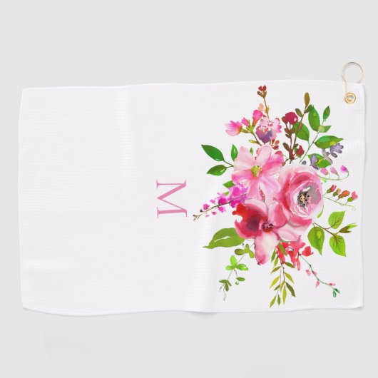 Waterverf Roze Zomer Bloemen Monogram Golfhanddoek (Horizontaal)