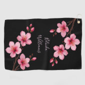 Waterverf Roze Zwarte Kersenbloesem Monogram Golfhanddoek (Horizontaal)