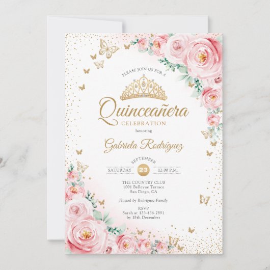 Waterverf Rozen Blush Pink Floral Quinceanera Kaart (Voorkant)