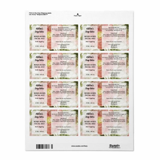 Waterverf Rozen Cosmetische spray Productlabel Etiket (Full Sheet)