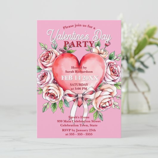 Waterverf Rozen en Hart Valentijnsdag Partij Kaart (Staand voorkant)