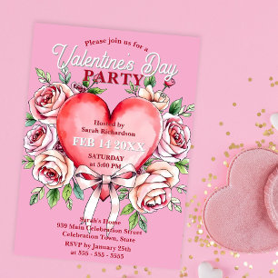Waterverf Rozen en Hart Valentijnsdag Partij Kaart