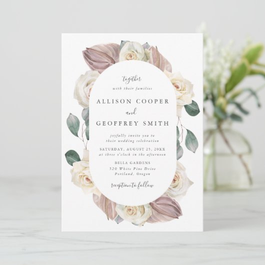 Waterverf Rozen en Orchideeën Ovaal Lijst Bruiloft Kaart (Staand voorkant)