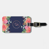 Waterverf Rozen Floral Navy Glitter Monogram Bagagelabel (Voorkant horizontaal)