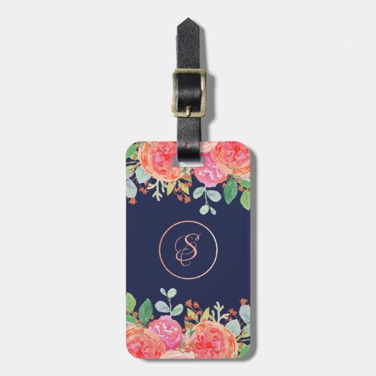 Waterverf Rozen Floral Navy Glitter Monogram Bagagelabel (Voorkant verticaal)