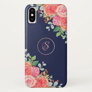 Waterverf Rozen Floral Navy Glitter Monogram iPhone X Hoesje