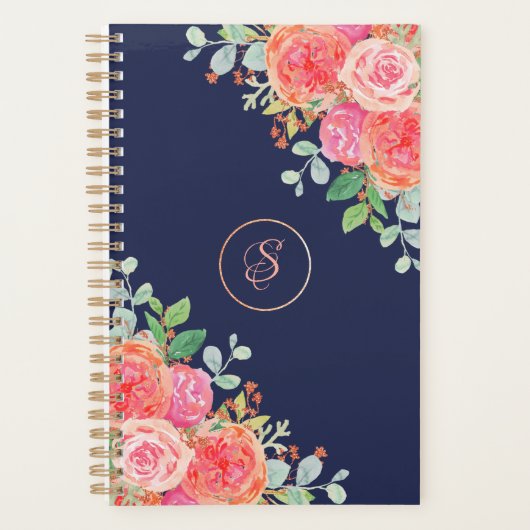 Waterverf Rozen Floral Navy Glitter Monogram Planner (Voorkant)