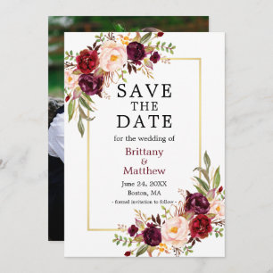 Waterverf Rozen Gold Lijst Foto Burgundy Save The Date