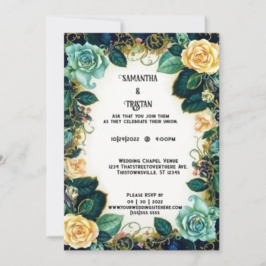  Waterverf Rozen Gold Trim Wedding Kaart (Voorkant)
