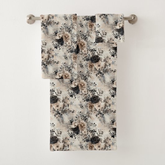  Waterverf Rozen in Beige, Zwart, Cream Bad Handdoek (Insitu)