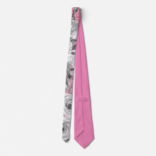 Waterverf Rozen in grijs en wit op roze Glitter Stropdas (Achterkant)