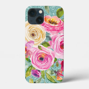 Waterverf Rozen in roze Cream Aqua Glitter iPhone 13 Mini Hoesje