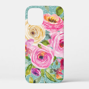 Waterverf Rozen in roze Cream Aqua Glitter iPhone 12 Mini Hoesje