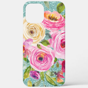 Waterverf Rozen in roze Cream Aqua Glitter iPhone 12 Pro Max Hoesje