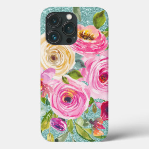 Waterverf Rozen in roze Cream Aqua Glitter iPhone 13 Pro Hoesje