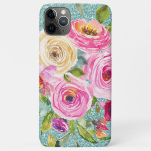 Waterverf Rozen in Roze en Cream Aqua Glitter iPhone 11 Pro Max Hoesje