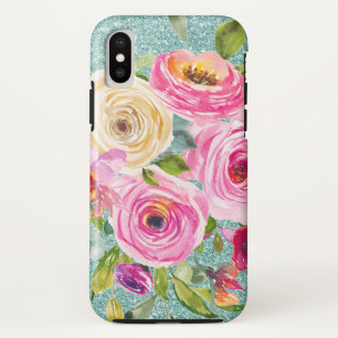 Waterverf Rozen in Roze en Cream Aqua Glitter iPhone XS Hoesje