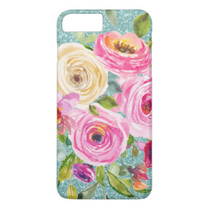 Waterverf Rozen in roze en Cream Aqua Glitter iPhone 8 Plus / 7 Plus Hoesje