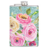 Waterverf Rozen in Roze en Cream Aqua Glitter Heupfles (Voorkant)