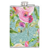 Waterverf Rozen in Roze en Cream Aqua Glitter Heupfles (Achterkant)