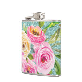 Waterverf Rozen in Roze en Cream Aqua Glitter Heupfles (Links)