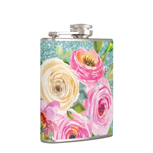 Waterverf Rozen in Roze en Cream Aqua Glitter Heupfles (Rechts)