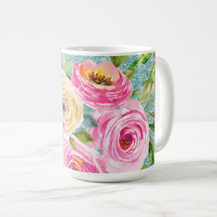 Waterverf Rozen in Roze en Cream Aqua Glitter Koffiemok