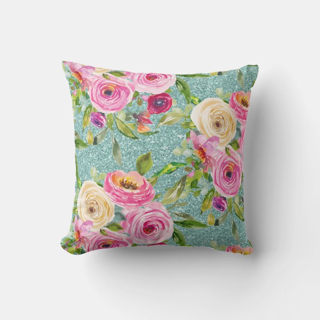 Waterverf Rozen in Roze en Cream Aqua Glitter Kussen (Voorkant)