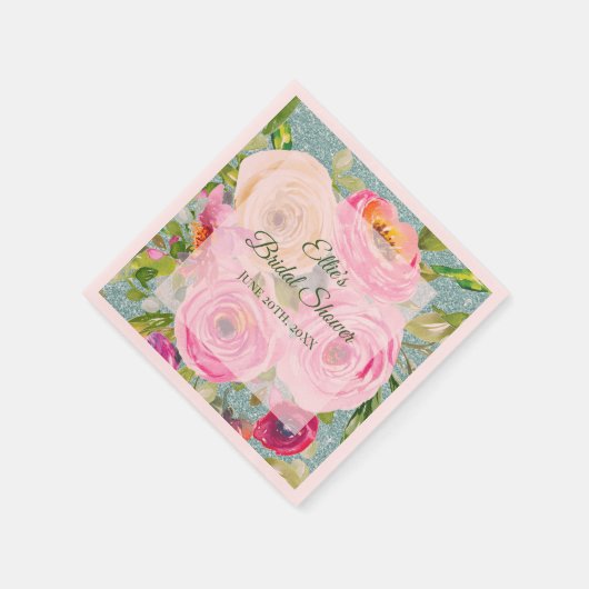 Waterverf Rozen in Roze en Cream Aqua Glitter Servet (Hoek)