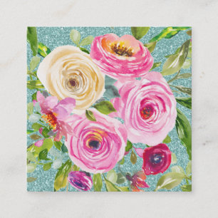 Waterverf Rozen in Roze en Cream Aqua Glitter Vierkante Visitekaartje