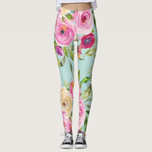 Waterverf Rozen in roze en Cream op Aqua Leggings