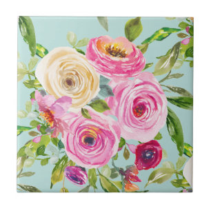 Waterverf Rozen in roze en Cream op Aqua Tegeltje