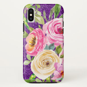 Waterverf Rozen in Roze en Cream Paarse Glitter iPhone X Hoesje