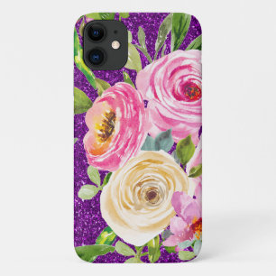 Waterverf Rozen in Roze en Cream Paarse Glitter iPhone 11 Hoesje
