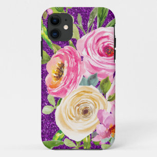 Waterverf Rozen in Roze en Cream Paarse Glitter iPhone 11 Hoesje