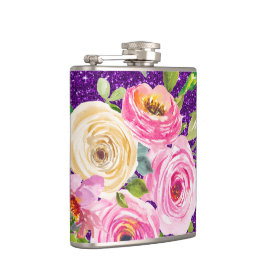 Waterverf Rozen in Roze en Cream Paarse Glitter Heupfles