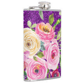 Waterverf Rozen in Roze en Cream Paarse Glitter Heupfles