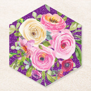 Waterverf Rozen in Roze en Cream Paarse Glitter Kartonnen Onderzetters