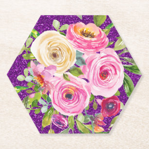 Waterverf Rozen in Roze en Cream Paarse Glitter Kartonnen Onderzetters