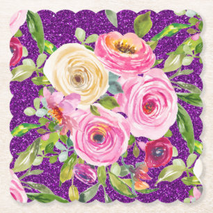 Waterverf Rozen in Roze en Cream Paarse Glitter Kartonnen Onderzetters
