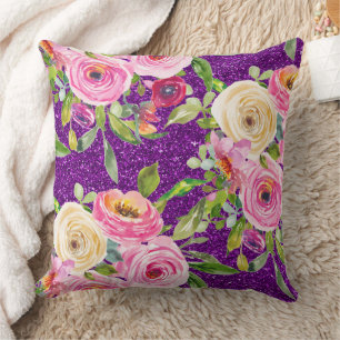 Waterverf Rozen in Roze en Cream Paarse Glitter Kussen