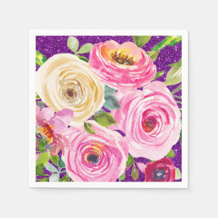 Waterverf Rozen in Roze en Cream Paarse Glitter Servet